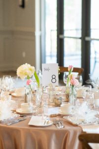 Table scape of a wedding reception set up.