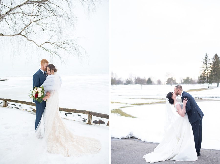two separate couples posed in the snow at their winter weddings