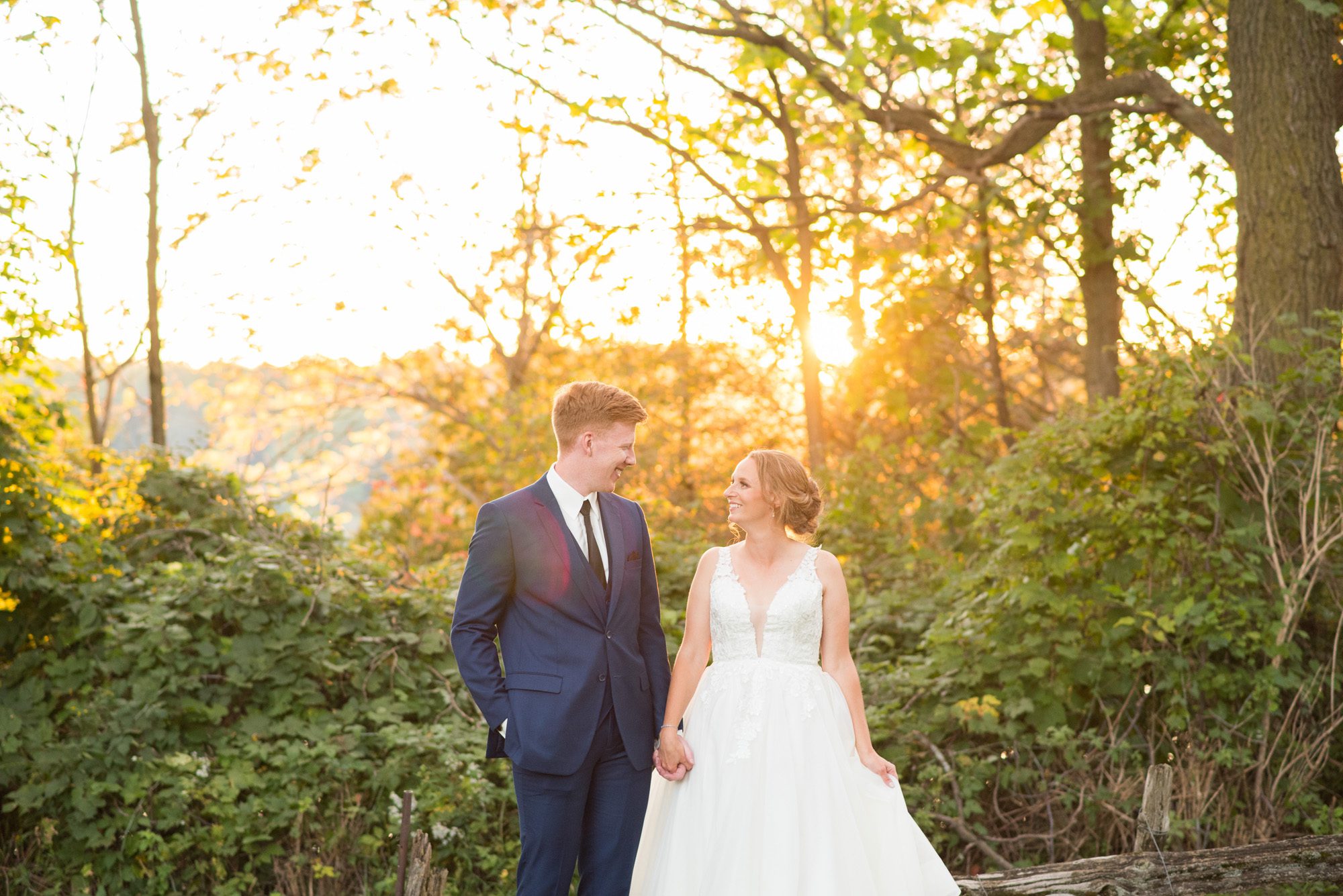 bride and groom during golden hour