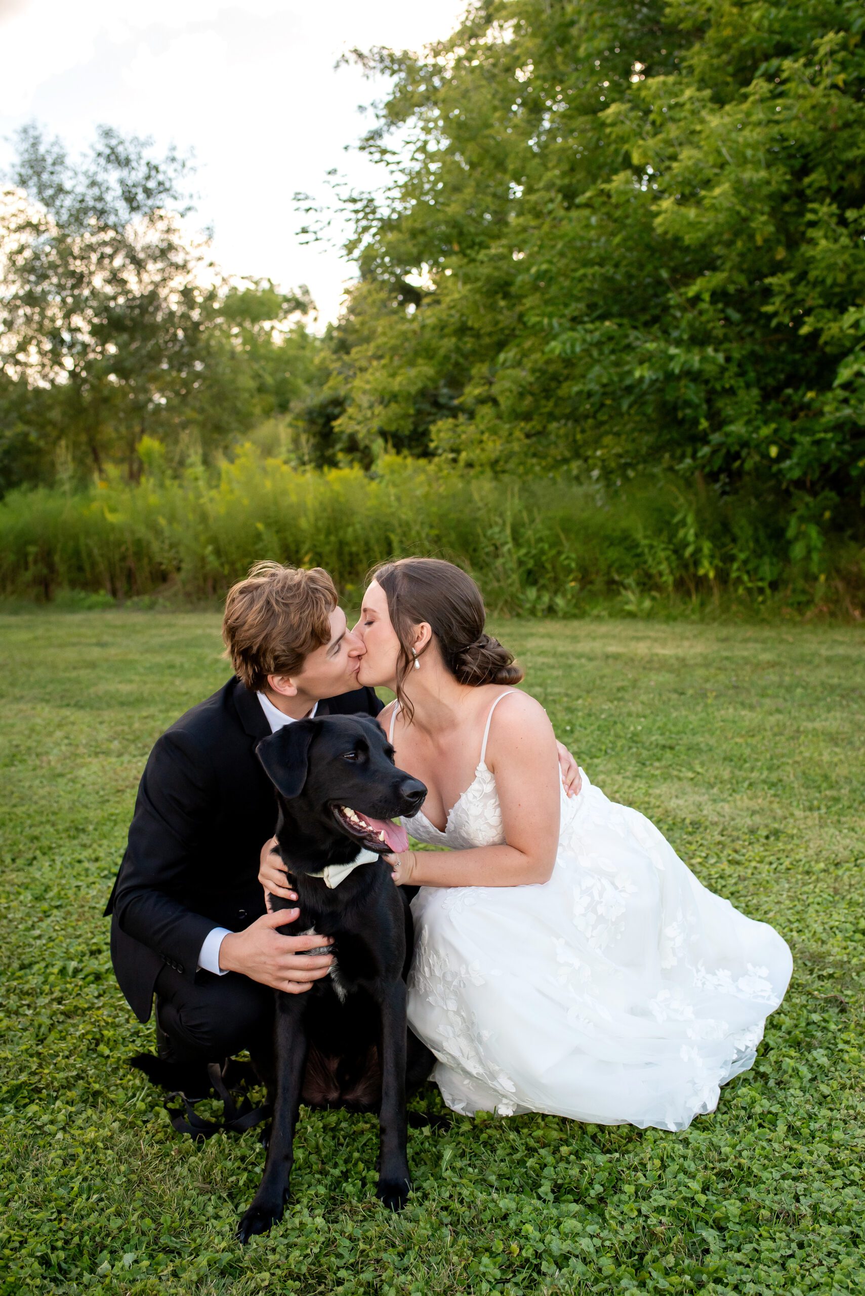 Bride and groom kissing with their black lab at Bellamere Winery and Event Centre.
